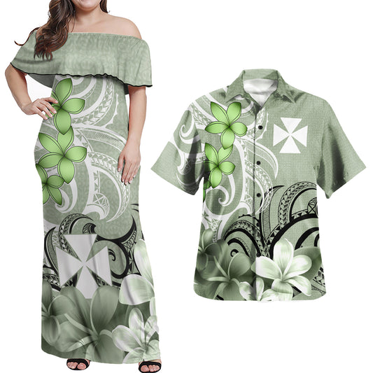 Wallis and Futuna Polynesian Pattern Combo Dress And Shirt Floral Spirit Sage Green