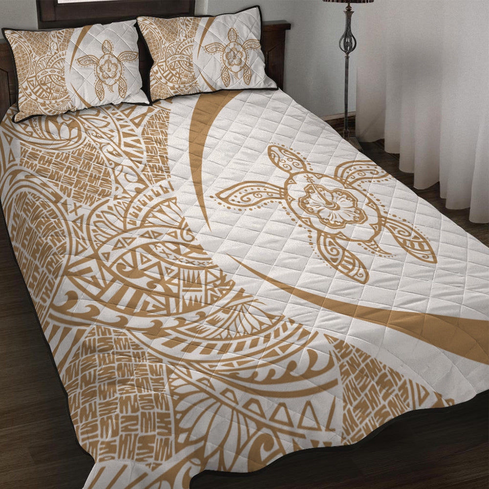 Hawaii Quilt Bed Set Turtle Hibiscus Lauhala White Gold Circle