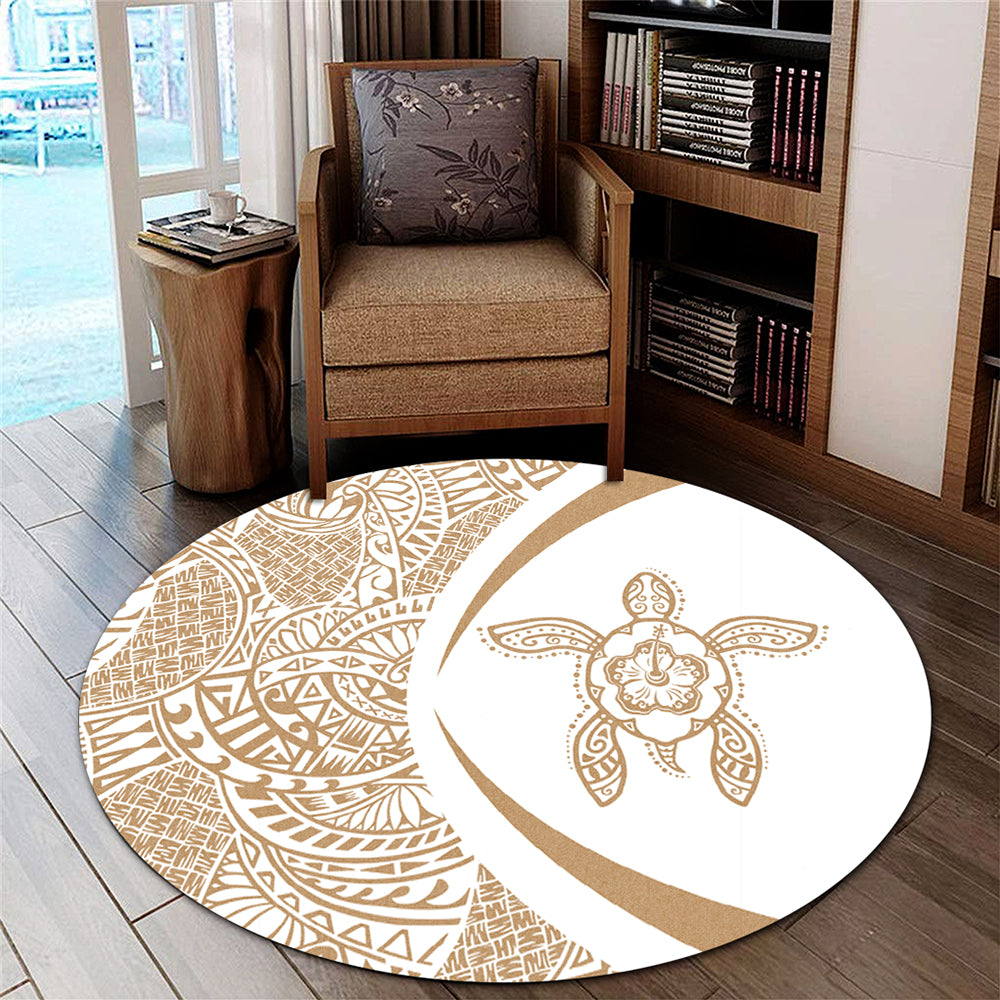 Hawaii Round Rug Turtle Hibiscus Lauhala White Gold Circle