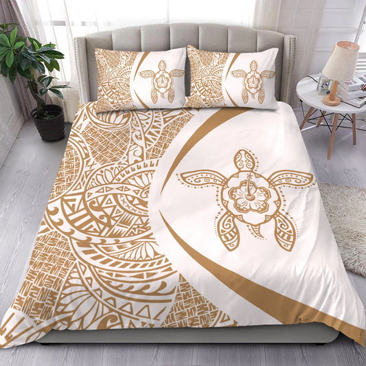 Hawaii Bedding Set Turtle Hibiscus Lauhala White Gold Circle