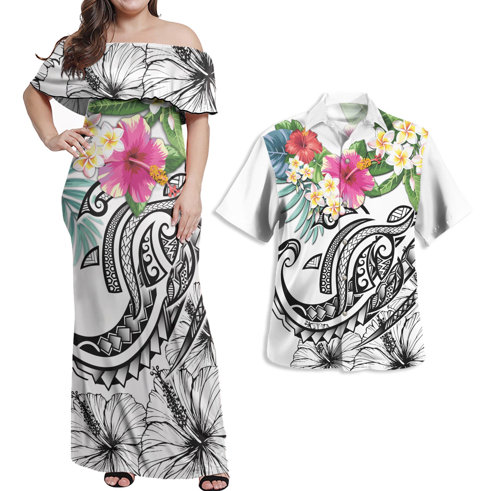 Polynesia Combo Dress And Shirt Summer Plumeria White