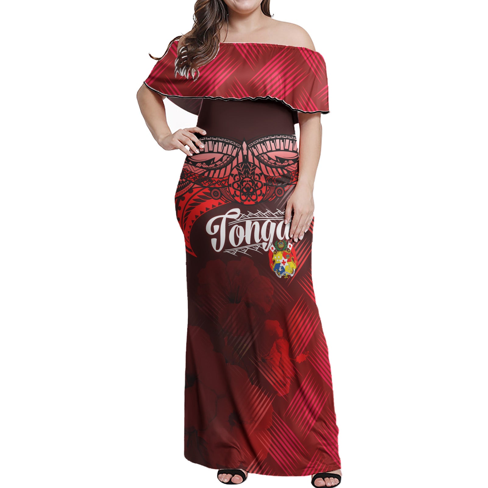 Tonga Polynesian Woman Off Shoulder Long Dress - Tonga Coat Of Arms with Lauhala Tribal Pattern