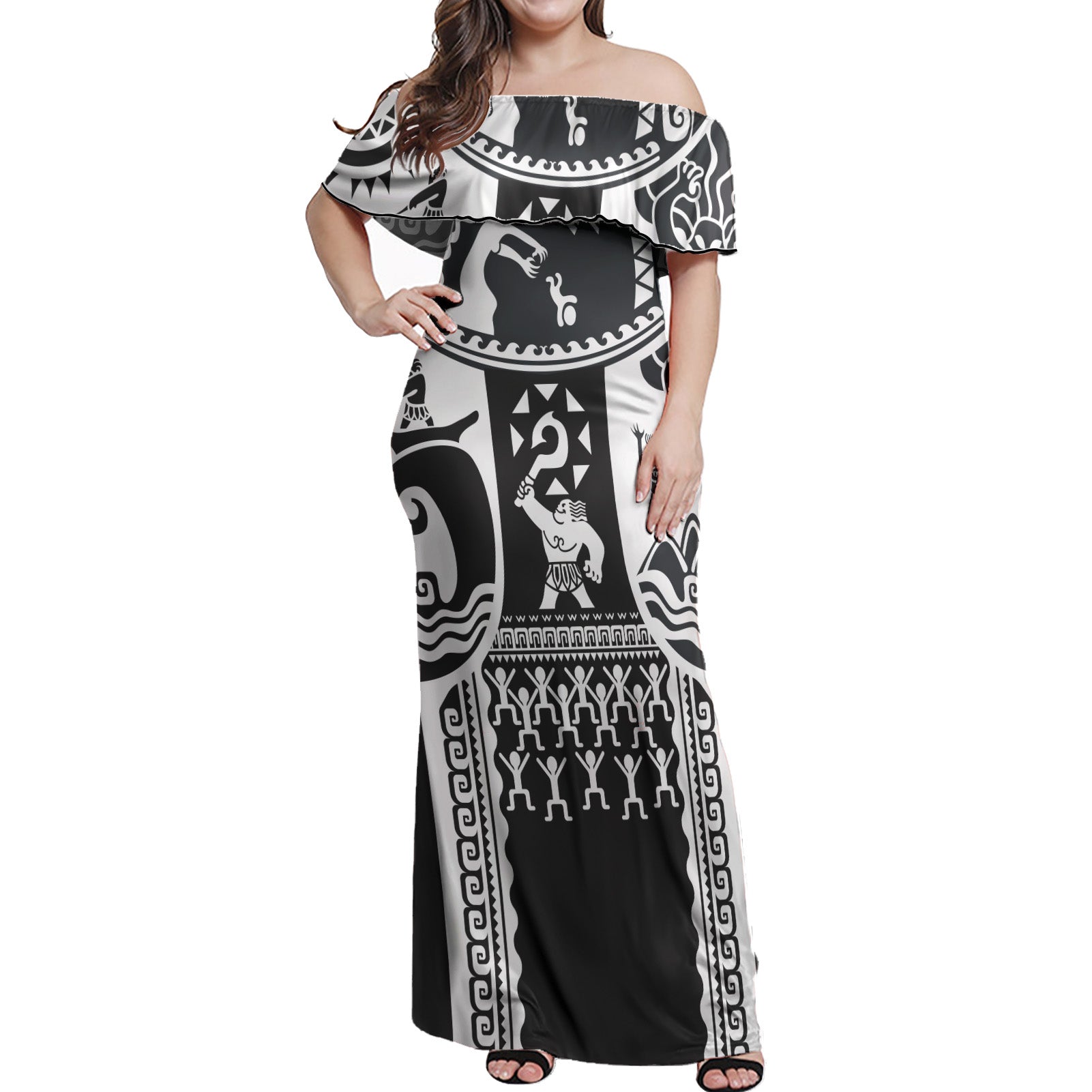 Maui Tattoo Polynesian Woman Off Shoulder Long Dress - Black and White Tribal Pattern