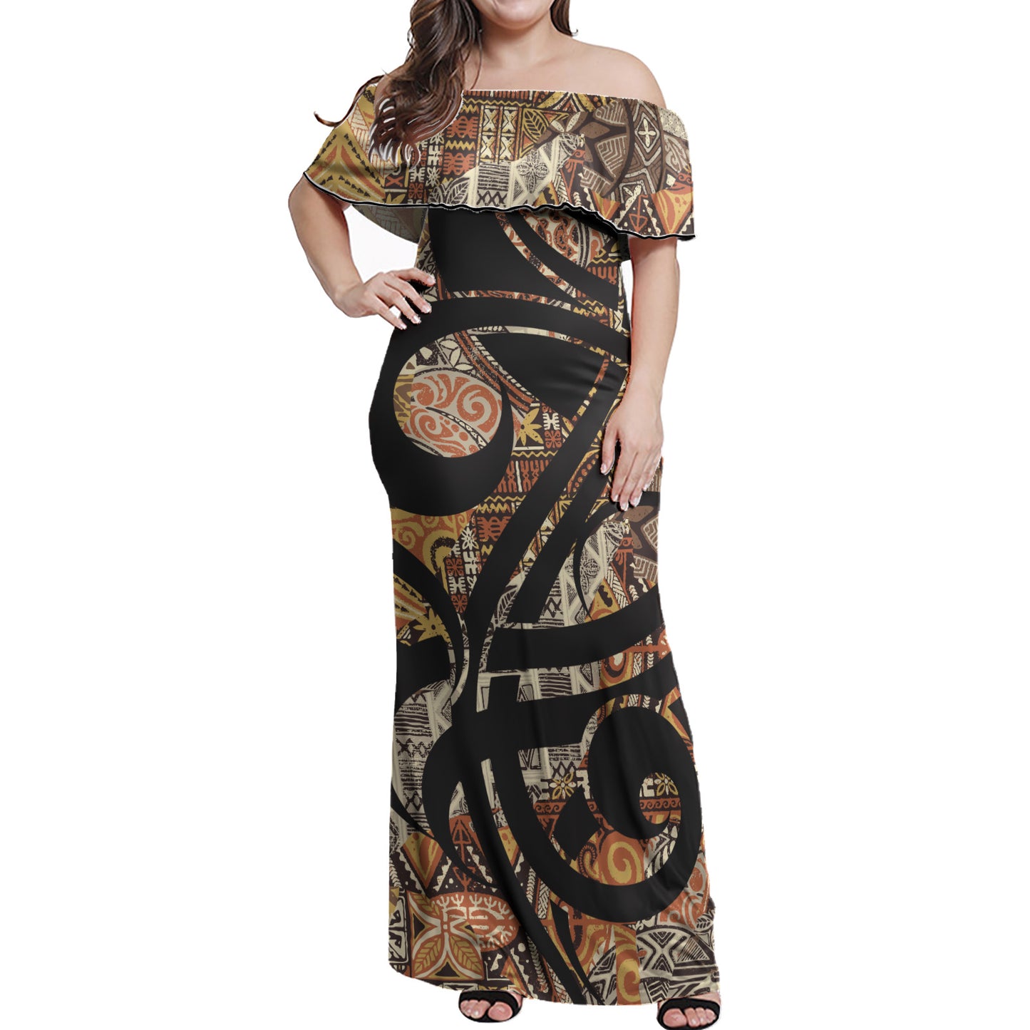 Polynesian Woman Off Shoulder Long Dress - Yellow Polynesian Pattern