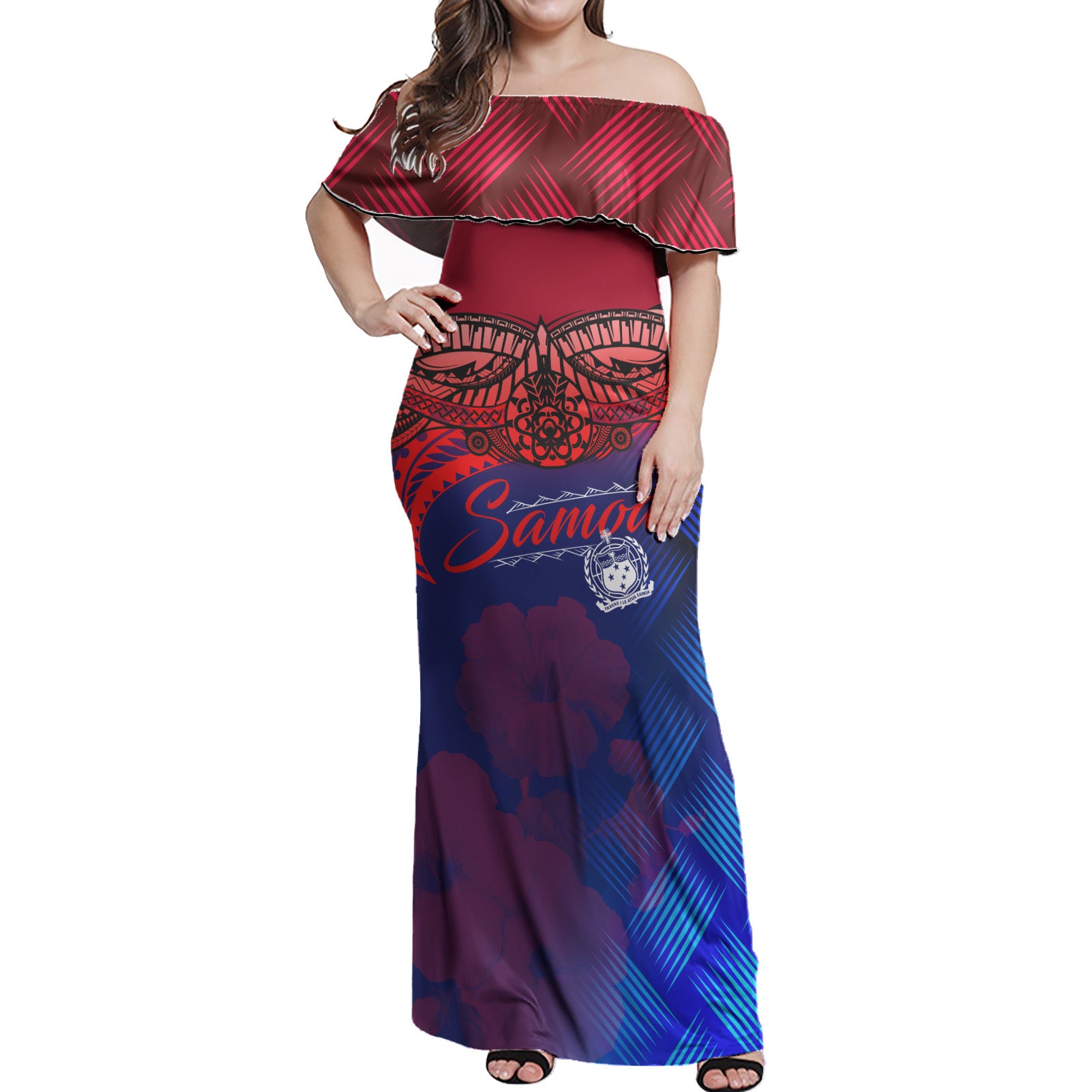 Samoa Polynesian Woman Off Shoulder Long Dress - Samoa Coat Of Arms with Lauhala Tribal Pattern