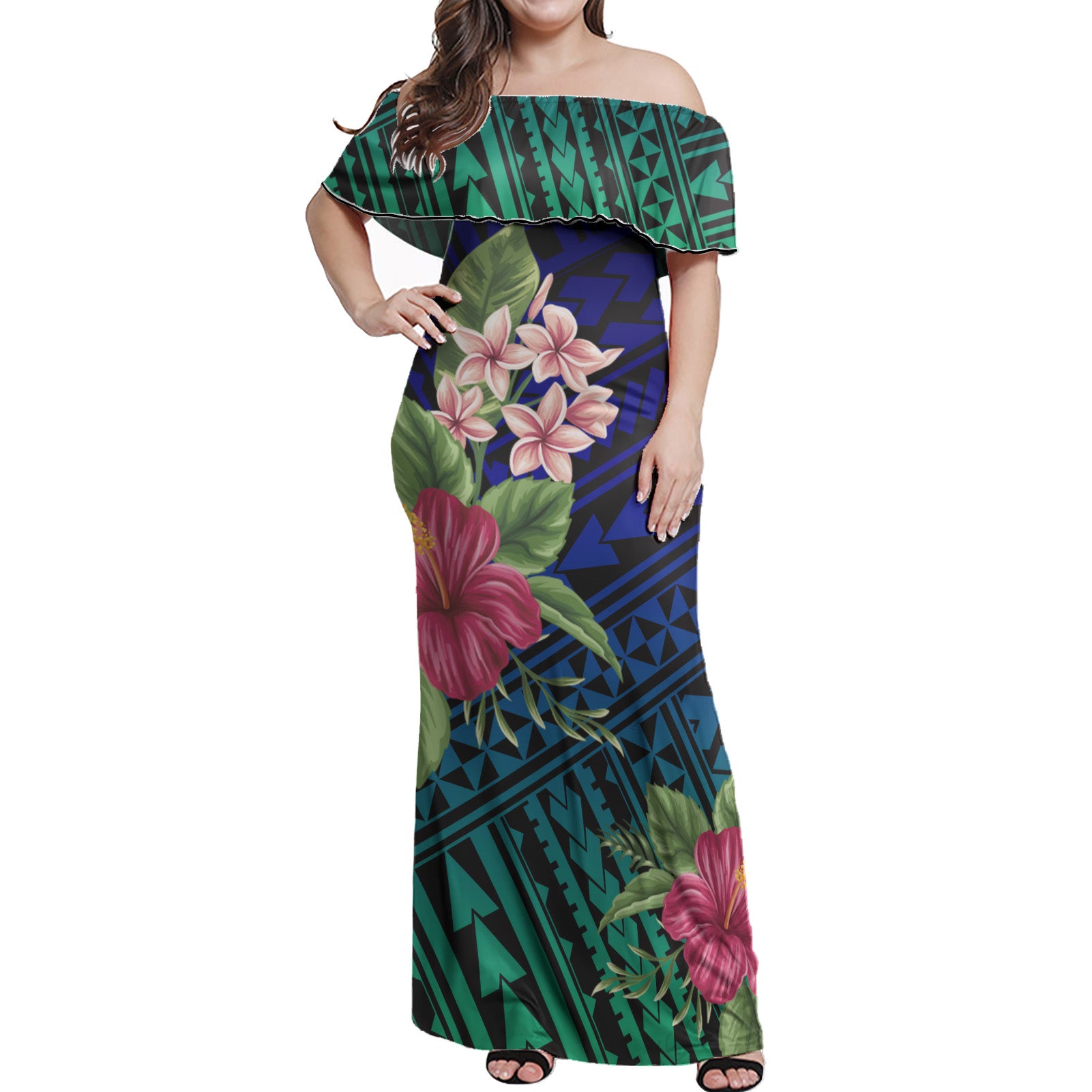 Polynesian Woman Off Shoulder Long Dress - Polynesian Flower Blue