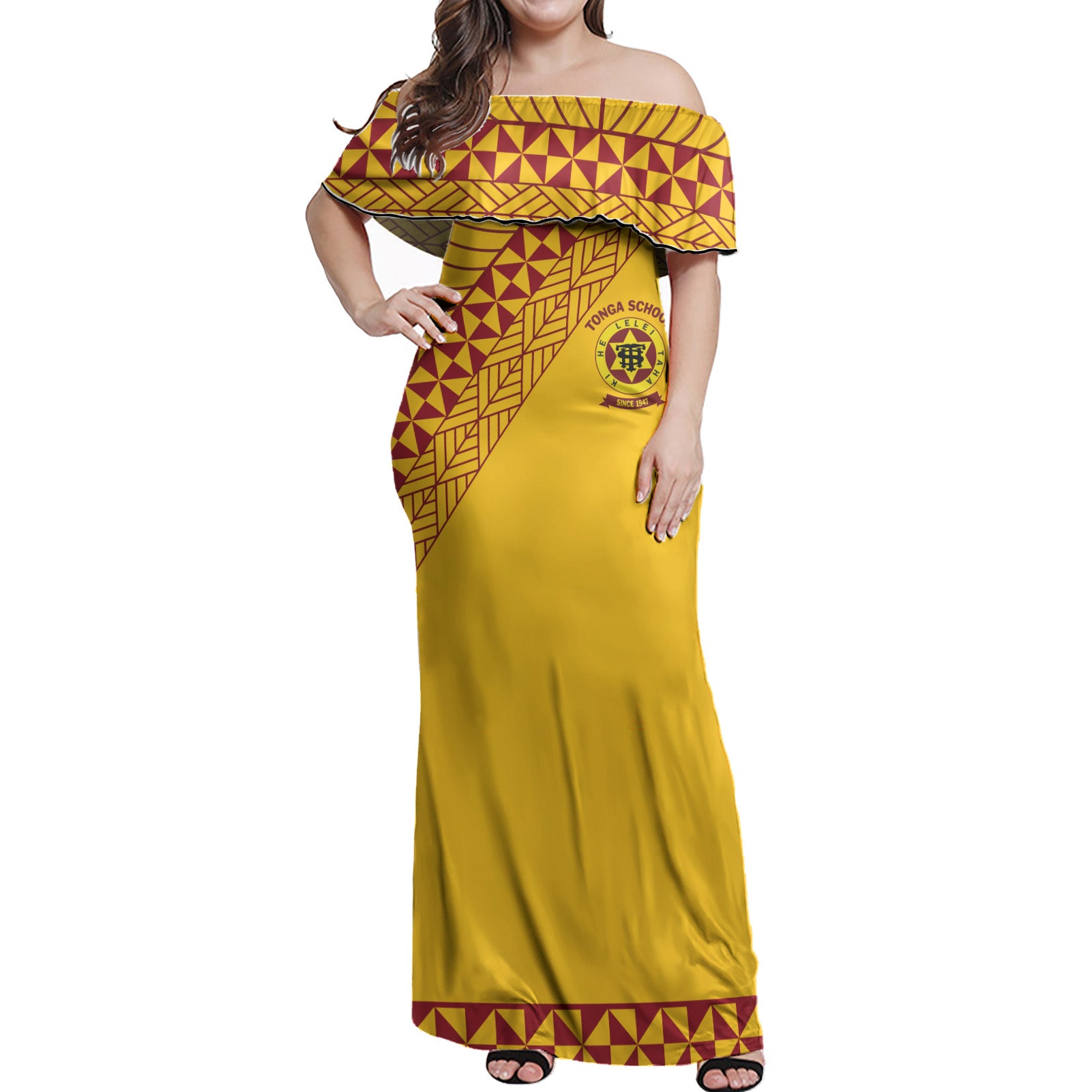 Tonga High School Woman Off Shoulder Long Dress - Yellow Polynesian