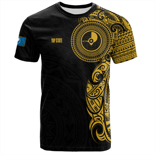 Yap State T-Shirt Custom Polynesian Half Sleeve Gold Tattoo With Seal Black