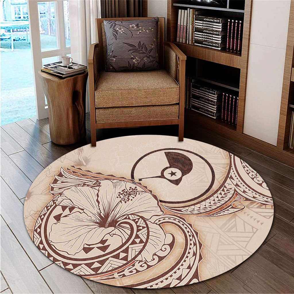 Yap State Round Rug Hibiscus Flower Vintage Style