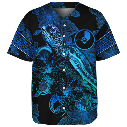 Yap State Baseball Shirt Sea Turtle With Blooming Hibiscus Flowers Tribal Blue