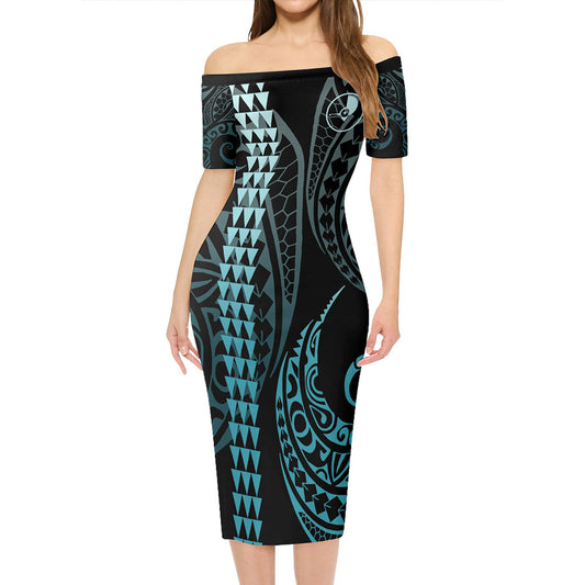 Yap State Short Sleeve Off The Shoulder Lady Dress Kakau Style Turquoise
