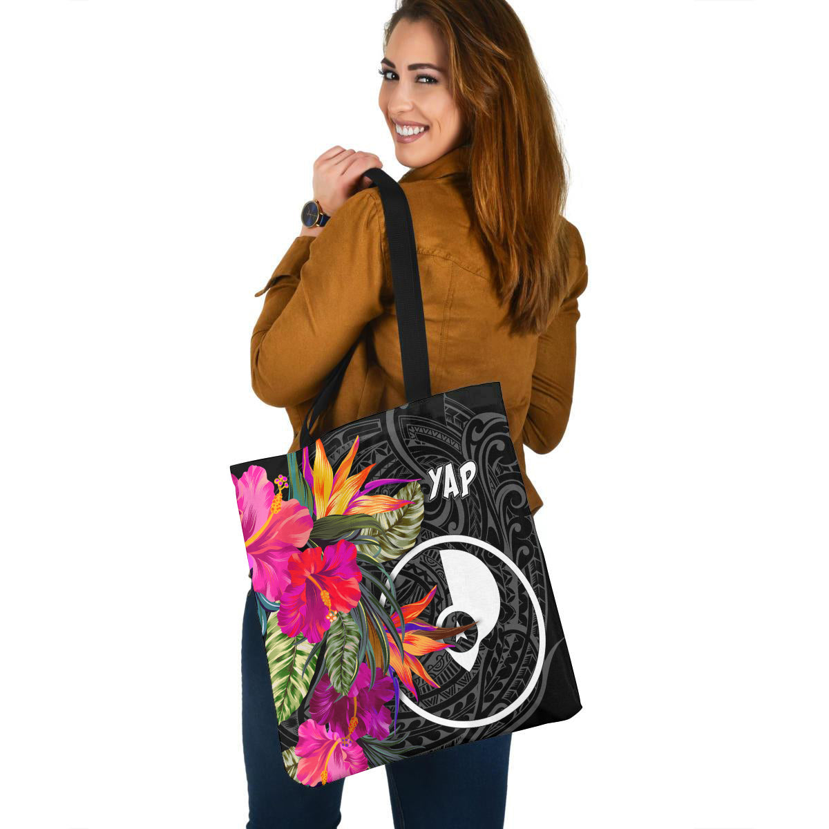Yap Custom Personalised Tote Bag Polynesian Hibiscus Pattern