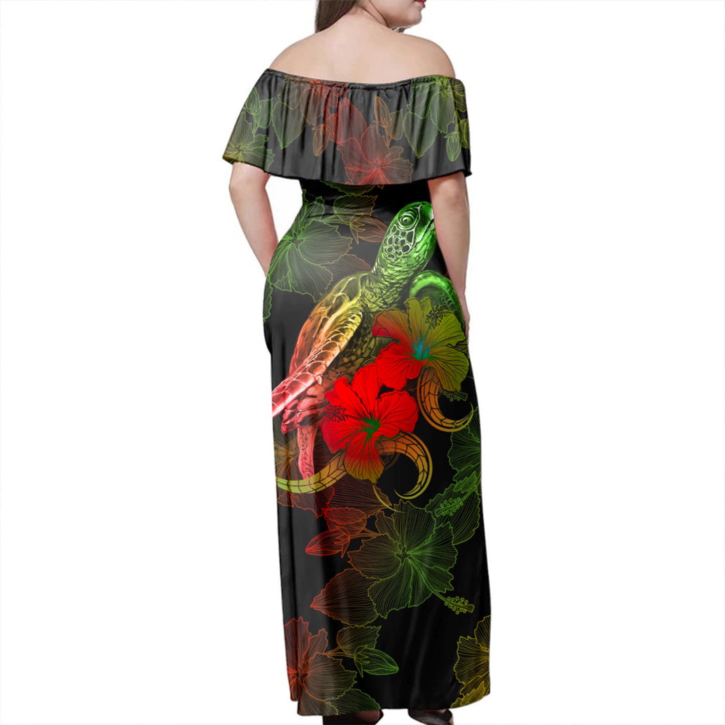 Yap State Woman Off Shoulder Long Dress - Sea Turtle With Blooming Hibiscus Flowers Reggae