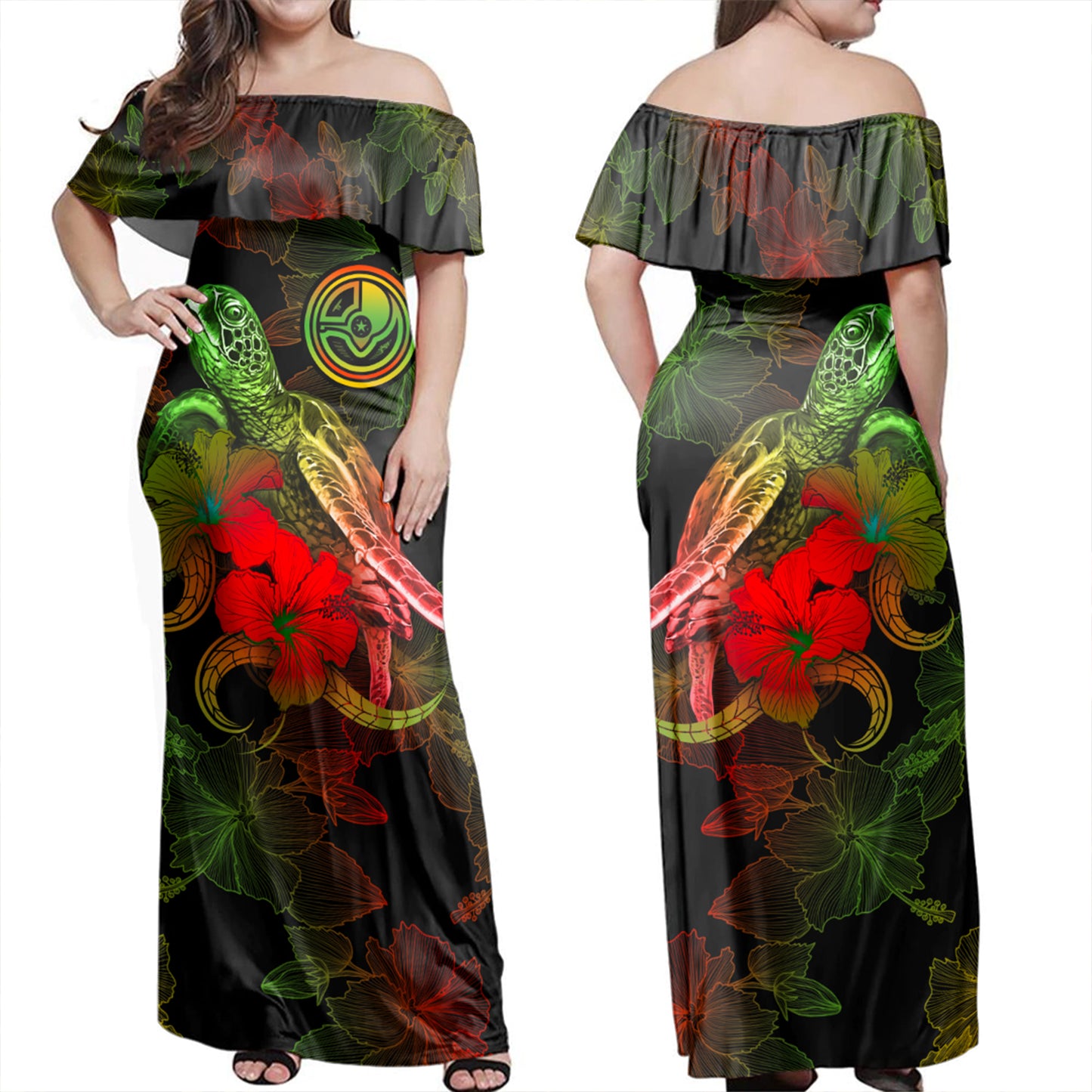 Yap State Combo Dress And Shirt - Sea Turtle With Blooming Hibiscus Flowers Reggae