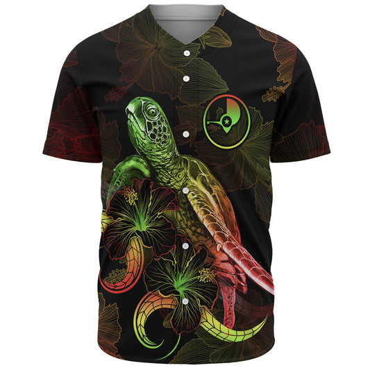 Yap State Baseball Shirt Sea Turtle With Blooming Hibiscus Flowers Reggae