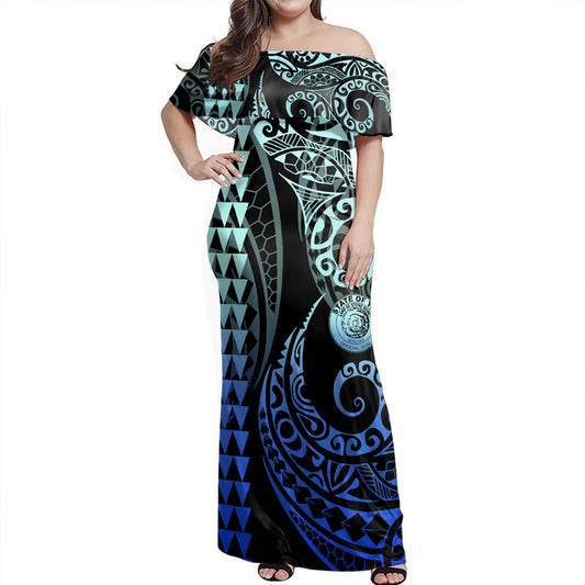 Yap State Woman Off Shoulder Long Dress Coat Of Arms Kakau Style Gradient Blue