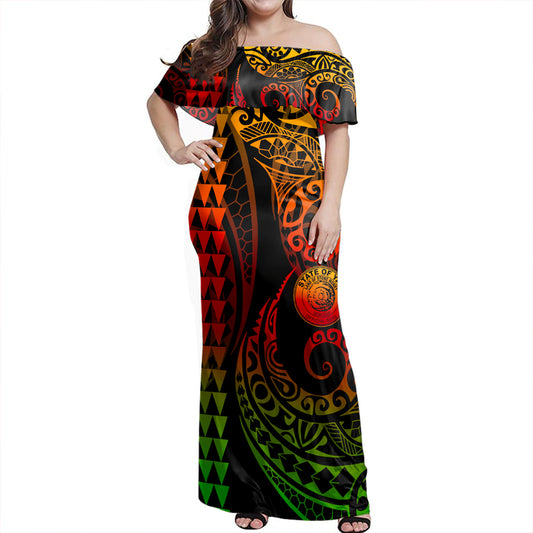 Yap State Woman Off Shoulder Long Dress Coat Of Arms Kakau Style Reggae
