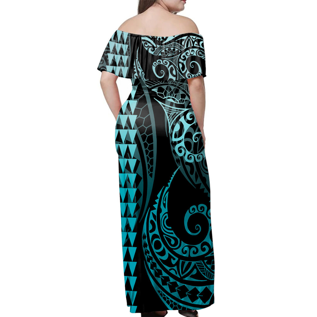 Yap State Woman Off Shoulder Long Dress Coat Of Arms Kakau Style Turquoise
