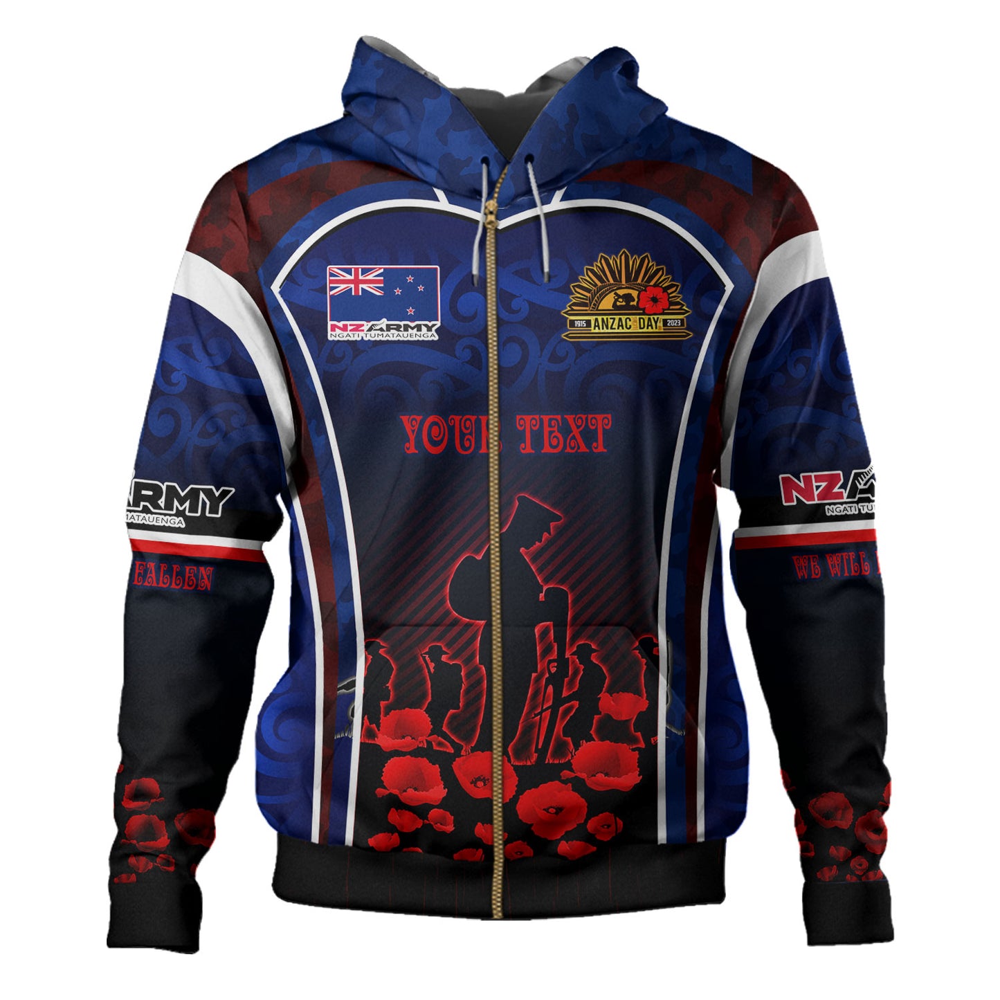 New Zealand Hoodie Custom New Zealand Army Keeping Anzac Spirit Lives Poppies Flower Maori Style