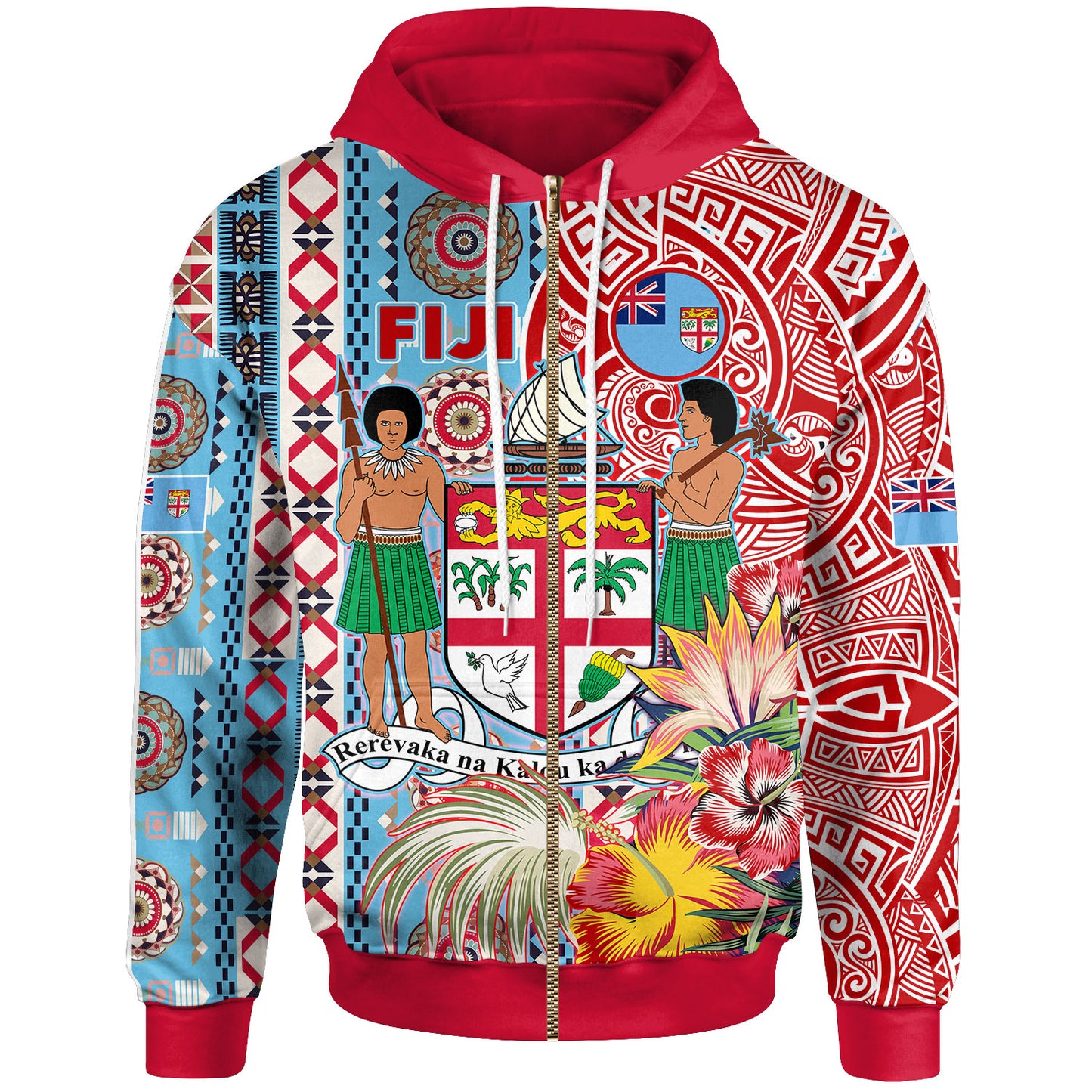 Fiji Polynesian Hoodie - Custom Fiji Coat of Arms With Tapa Patterns And Tribal Hibiscus Hoodie