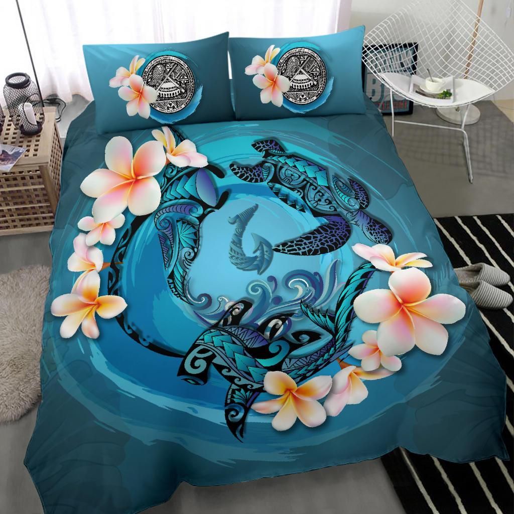Polynesian Duvet Cover Set - American Samoa Bedding Set Blue Plumeria Animal Tattoo