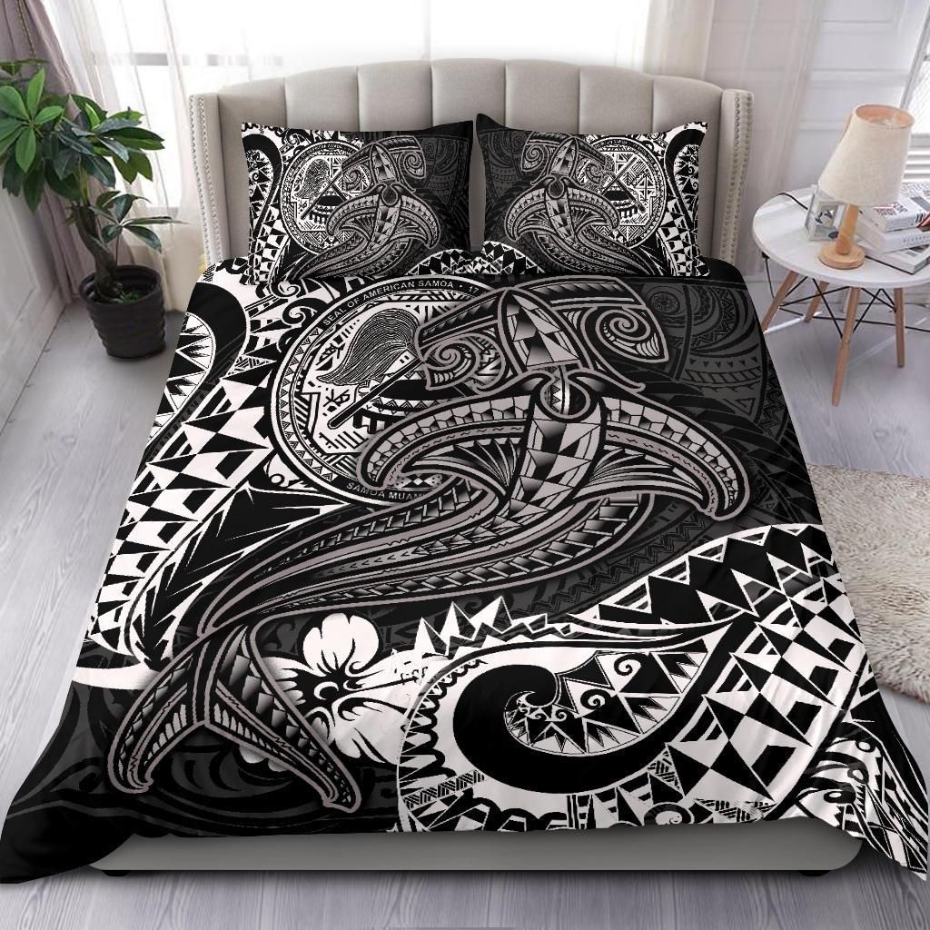 American Samoa Bedding Set - White Shark Polynesian Tattoo