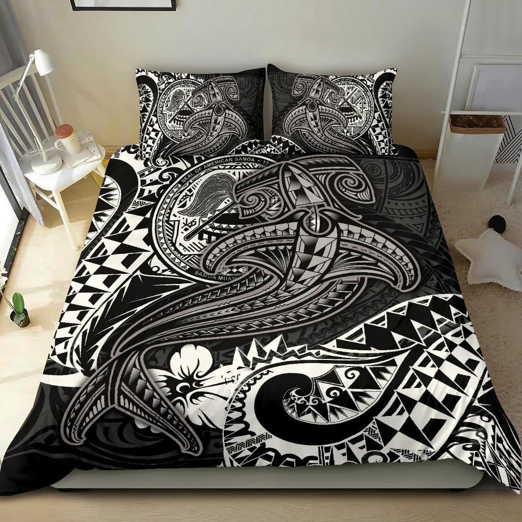 American Samoa Bedding Set - White Shark Polynesian Tattoo