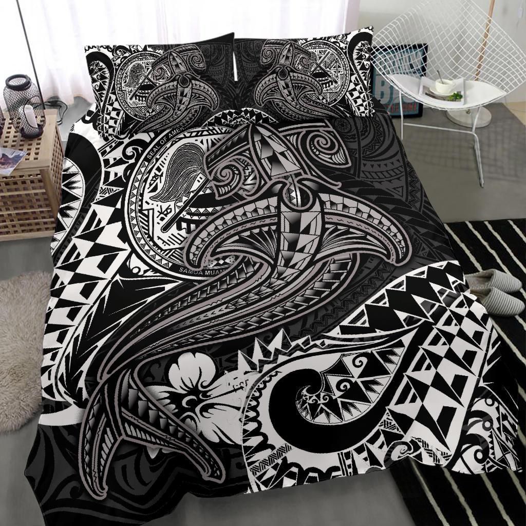 American Samoa Bedding Set - White Shark Polynesian Tattoo