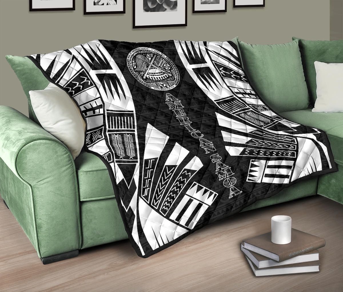 American Samoa Premium Quilt - American Samoa Seal Polynesian White Tattoo (Black)