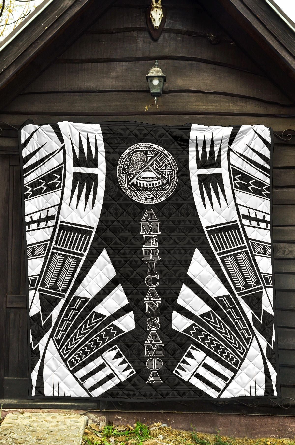 American Samoa Premium Quilt - American Samoa Seal Polynesian White Tattoo (Black)
