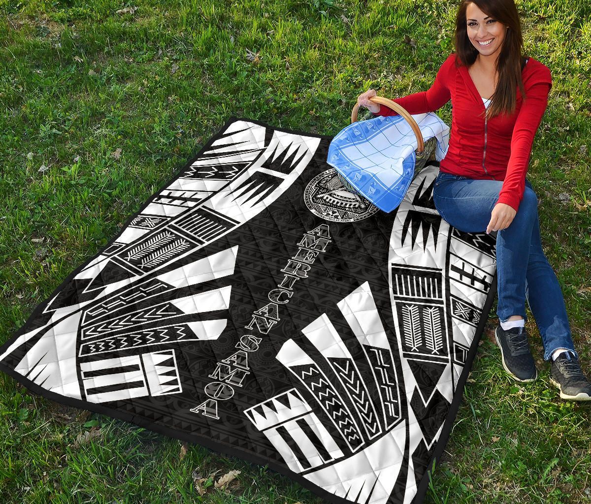 American Samoa Premium Quilt - American Samoa Seal Polynesian White Tattoo (Black)