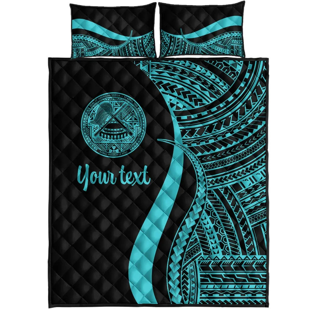 American Samoa Custom Personalised Quilt Bed Set - Turquoise Polynesian Tentacle Tribal Pattern