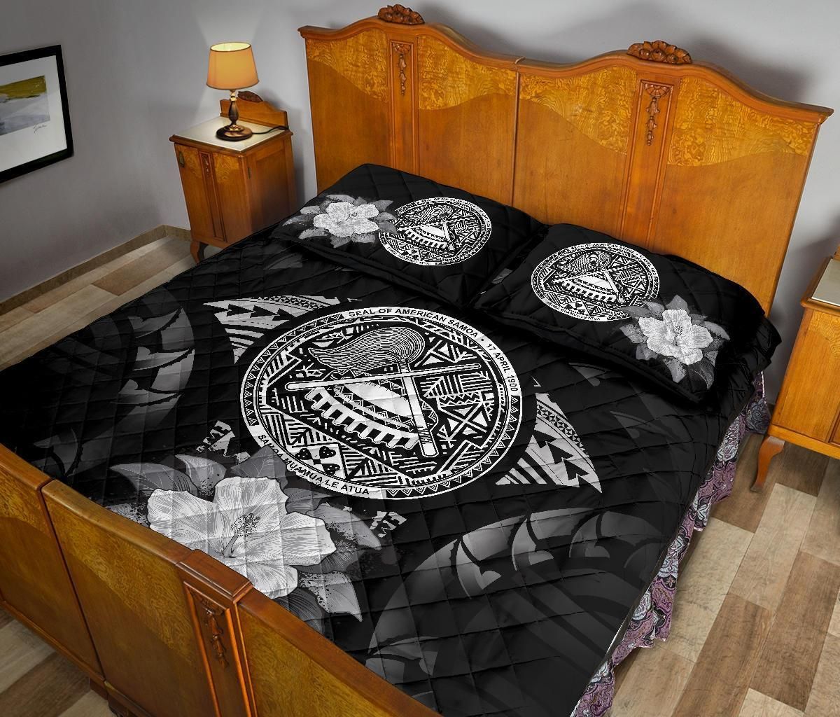American Samoa Polynesian Quilt Bed Set Hibiscus Gray