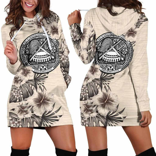 American Samoa Hoodie Dress - American Samoa Seal & Beige Hibiscus