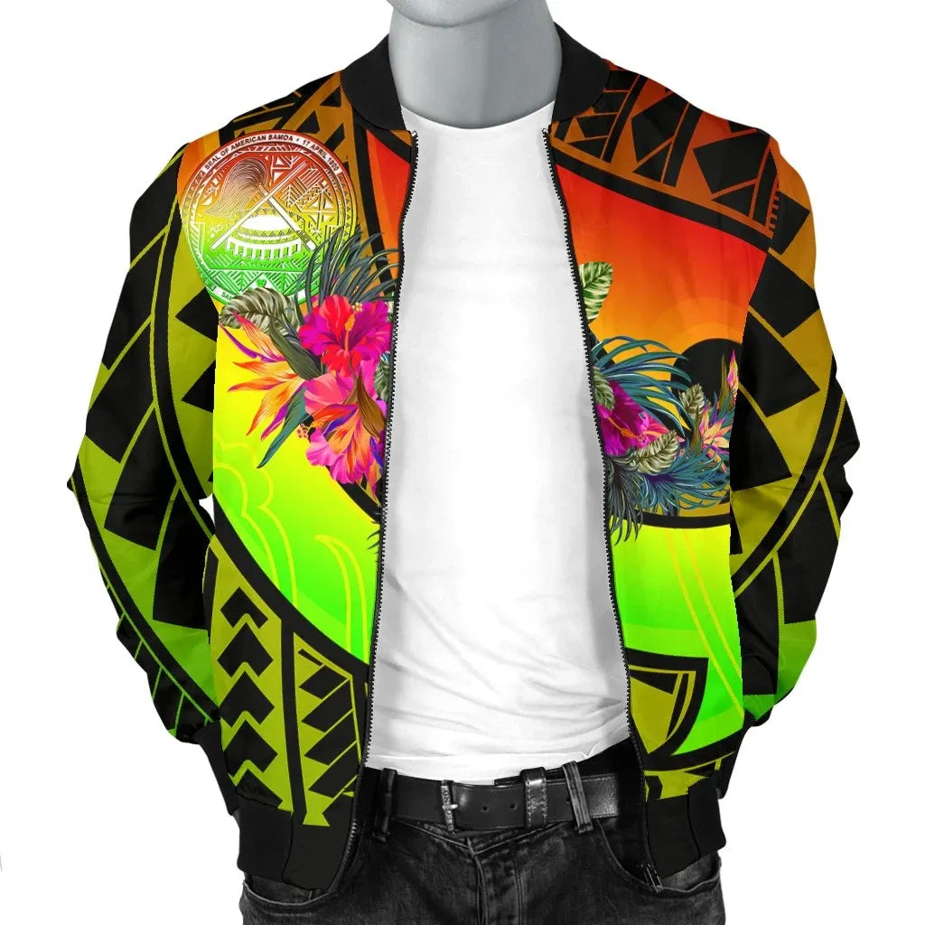 American Samoa Bomber Jacket - Polynesian Hook And Hibiscus (Reggae)
