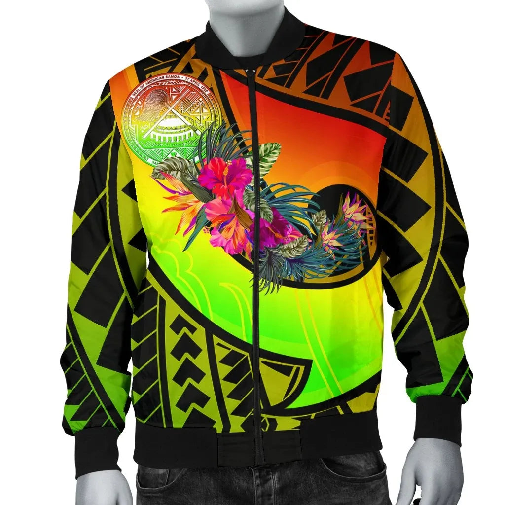 American Samoa Bomber Jacket - Polynesian Hook And Hibiscus (Reggae)