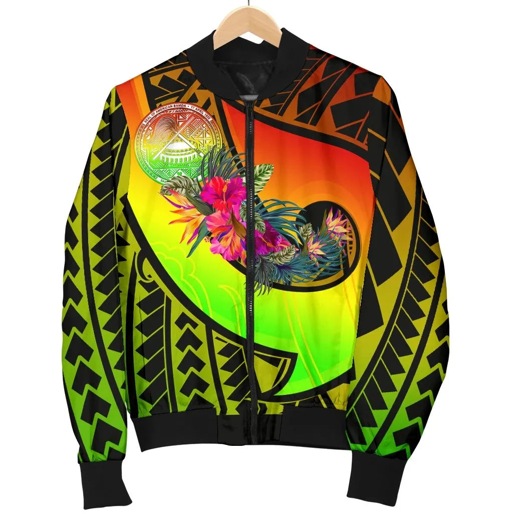 American Samoa Bomber Jacket - Polynesian Hook And Hibiscus (Reggae)