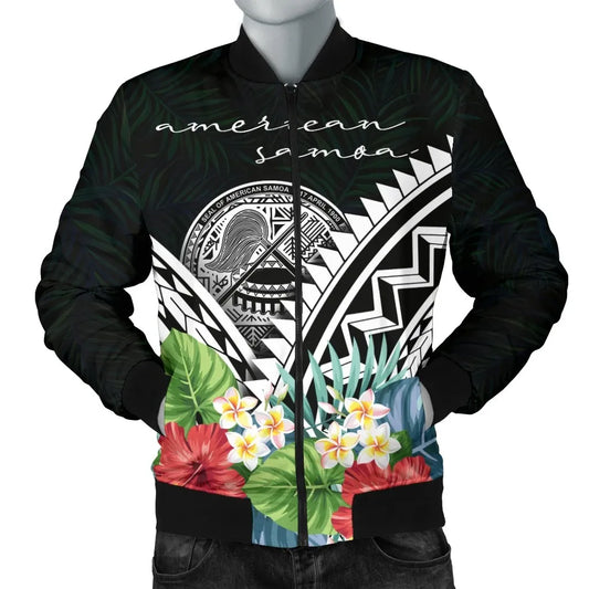 American Samoa Bomber Jacket - Yap Coat of Arms & Polynesian Tropical Flowers White