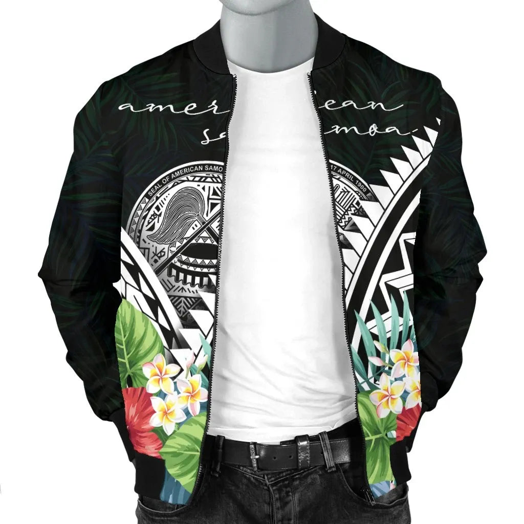 American Samoa Bomber Jacket - Yap Coat of Arms & Polynesian Tropical Flowers White