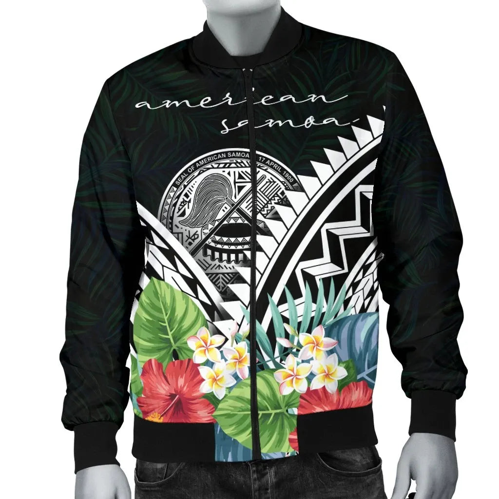American Samoa Bomber Jacket - Yap Coat of Arms & Polynesian Tropical Flowers White