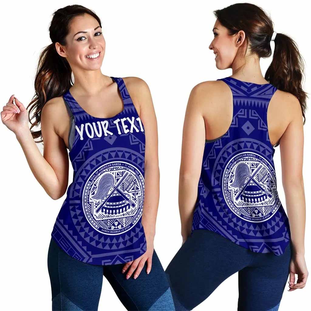 American Samoa Personalised Women Racerback Tank - Seal In Polynesian Tattoo Style (Blue)