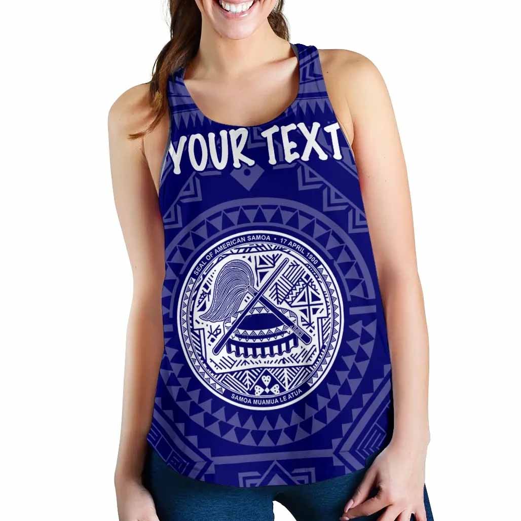 American Samoa Personalised Women Racerback Tank - Seal In Polynesian Tattoo Style (Blue)