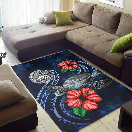 American Samoa Polynesian Area Rug - Blue Turtle Hibiscus