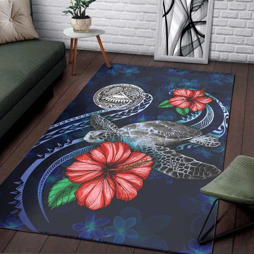 American Samoa Polynesian Area Rug - Blue Turtle Hibiscus