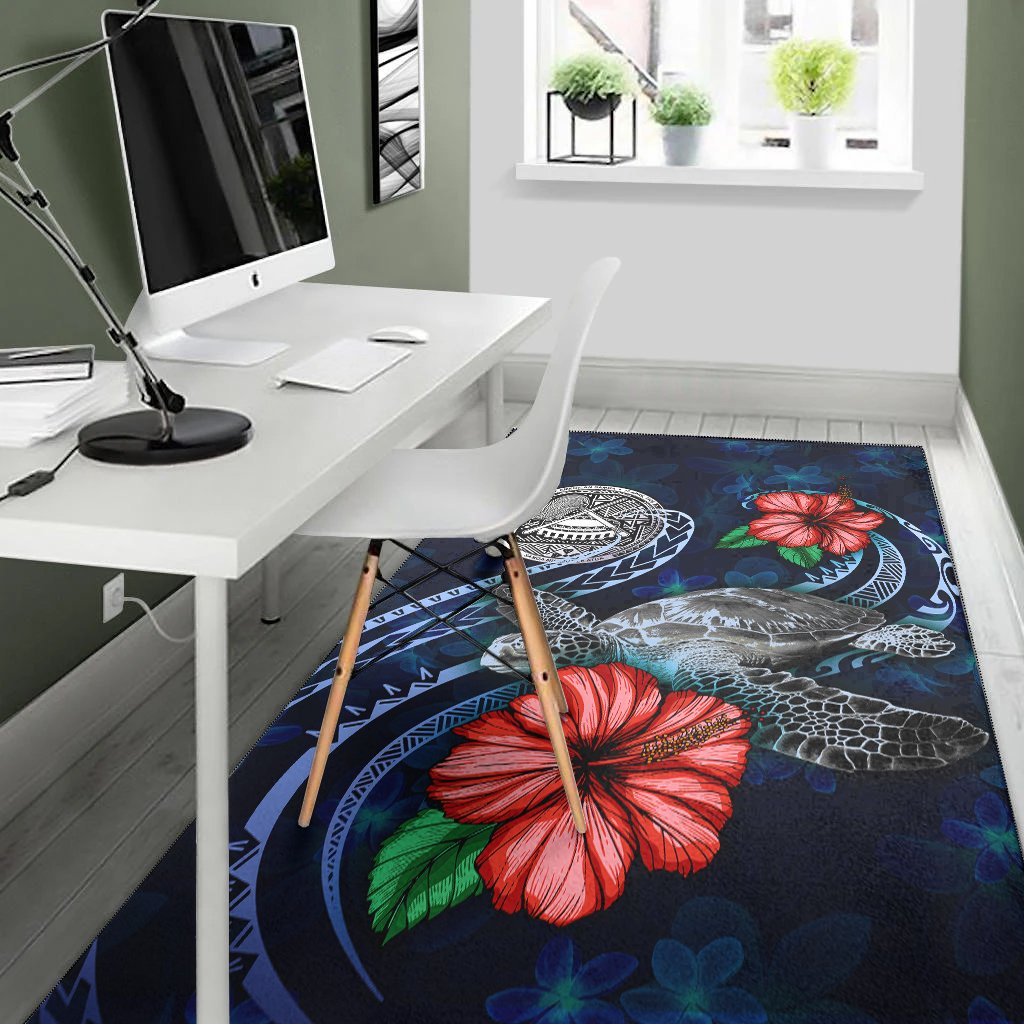 American Samoa Polynesian Area Rug - Blue Turtle Hibiscus