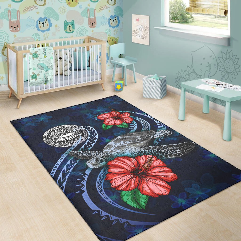American Samoa Polynesian Area Rug - Blue Turtle Hibiscus
