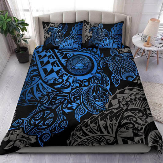 American Samoa Polynesian Duvet Cover Set - Blue Turtle Hibiscus Flowing