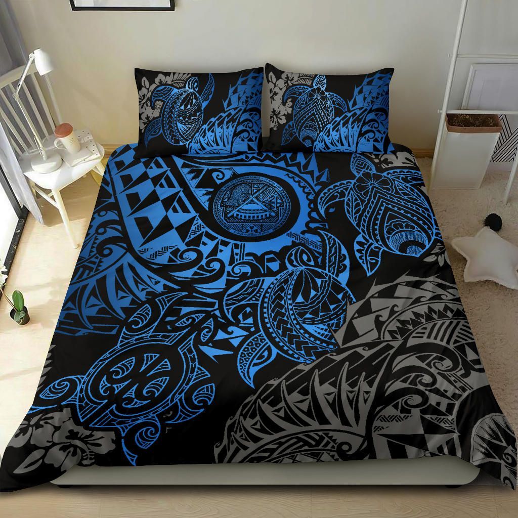 American Samoa Polynesian Duvet Cover Set - Blue Turtle Hibiscus Flowing