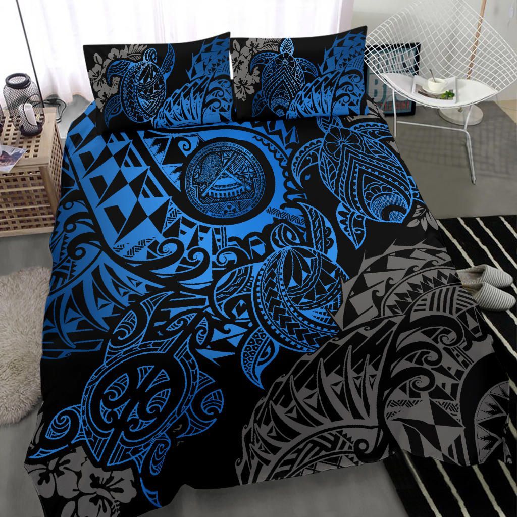 American Samoa Polynesian Duvet Cover Set - Blue Turtle Hibiscus Flowing
