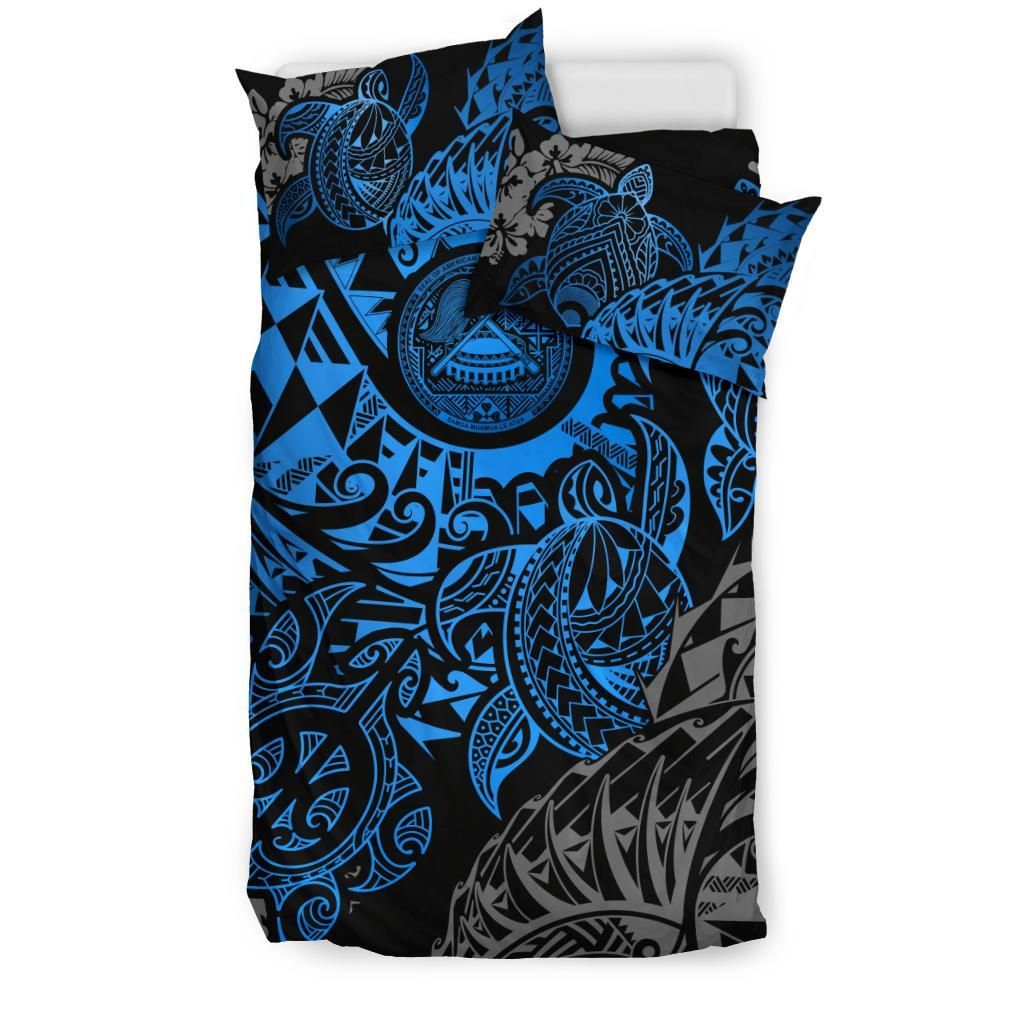 American Samoa Polynesian Duvet Cover Set - Blue Turtle Hibiscus Flowing